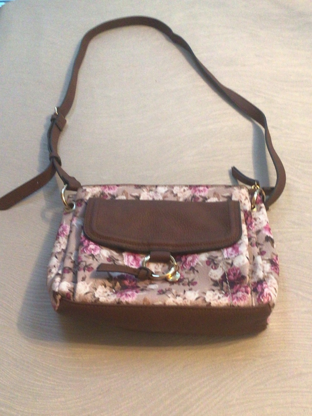 Rosetti Brown Floral Crossbody with Pink Accents